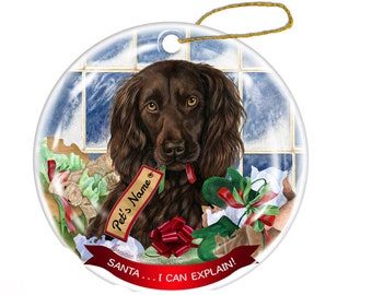 Boykin Spaniel Brown Porcelain Hanging Ornament Pet Gift 'Santa.. I Can Explain!' for Christmas Tree and Year Round, Personalized Ornaments