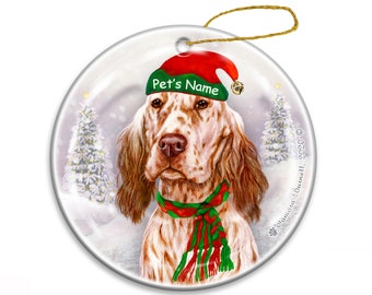 English Setter Orange and White Santa's Helper Christmas Ornament • Made in USA, Dog Santa's Helper porcelain ornament, Holiday dog gifts