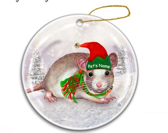 Rat Fawn and white Pied Santa's Helper Christmas Ornament • Made in USA, Rat Santa's Helper porcelain ornament, Holiday gifts, Personalized