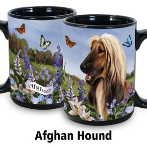 May include: Black ceramic coffee mug with a colorful image of an Afghan Hound dog surrounded by flowers and butterflies. The text "Afghan" is on the mug.