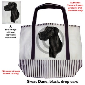 Dog Tote Bag - Great Dane Black Uncropped Tote Size is 20" x 15" x 7" (When Filled)  Canvas Bag with Brown Straps and Stripes