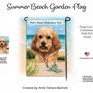 May include: A rectangular garden flag featuring a golden-brown dog portrait on a sandy beach with a blue ocean background. A small blue crab sits in the foreground near green beach grass. The text Pet's Name Welcomes You is printed at the top.
