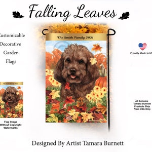 May include: A decorative garden flag with a brown dog surrounded by autumn leaves and pumpkins. The flag displays the text "Falling Leaves" and "The Smith Family 2021". Made in the USA.