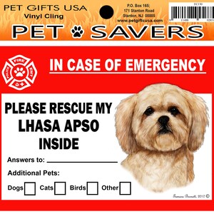 Paquete de 2 adhesivos de vinilo de emergencia para ahorro de mascotas en color crema Lhasa Apso