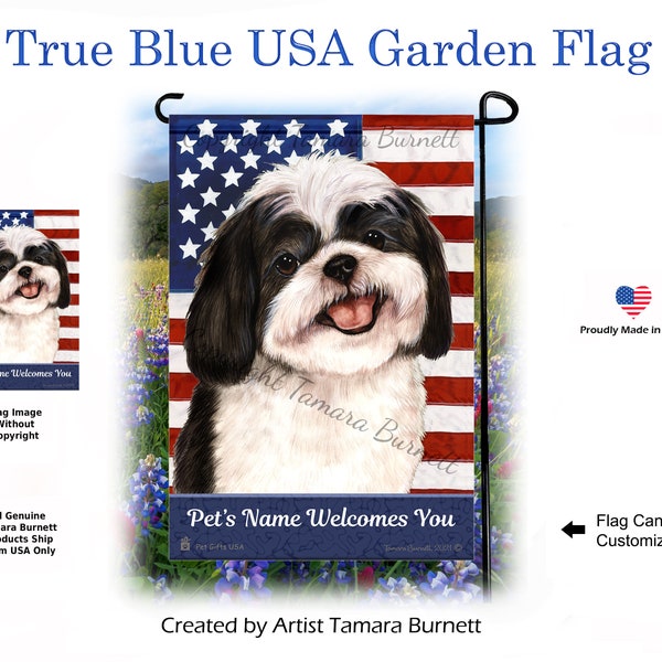 Shih Tzu Black & White True Blue Patriotic ( Can personalize with Pets Name ) Garden Flag