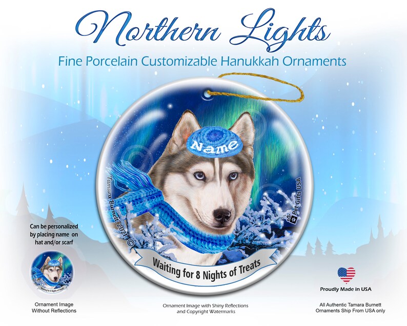 Siberian Husky Grey & White Blue Eyes Northern Lights Hanukkah Ornament