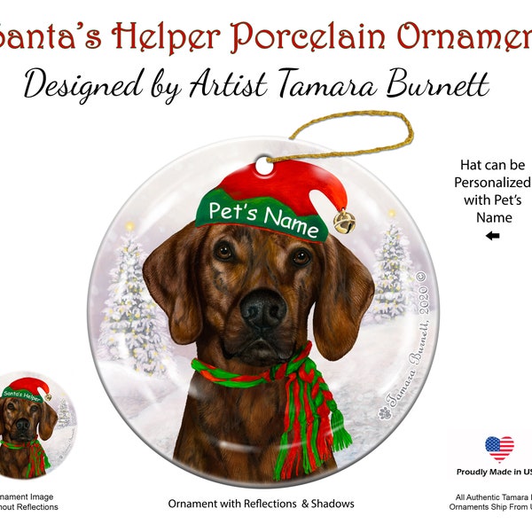 Plott Hound Brindle Santa's Helper Christmas Ornament • Made in USA, Dog Santa's Helper porcelain ornament, Personalized