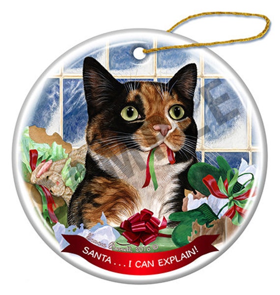 Holiday Pet Gift Black Shorthair Cat Santa Hat Porcelain Christmas Tree Ornament