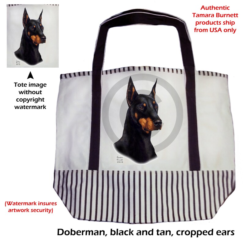 When Filled Dog Tote Bag - Canvas Bag with Brown Straps and Stripes Doberman Cropped Black /& Tan Tote Size is 20 x 15 x 7