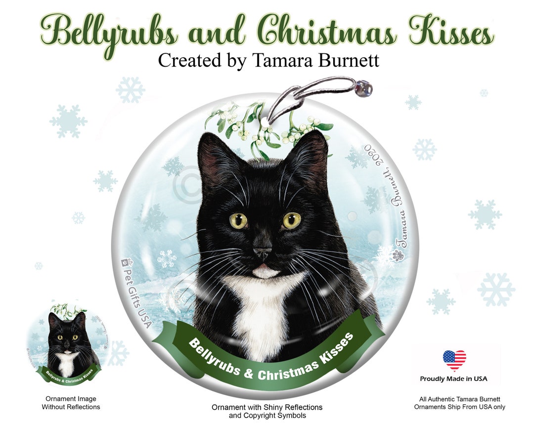 Black and White Tuxedo Cat Bellyrubs and Christmas Kisses Ornament ...