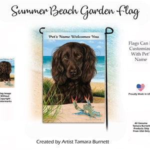 May include: A garden flag featuring a brown dog on a beach with a blue crab. The flag has the text "Pet's Name Welcomes You" and "Summer Beach Garden Flag". The flag is made in the USA and can be customized.