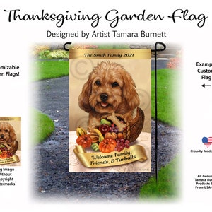 May include: Thanksgiving garden flag with a dog portrait and a harvest basket. The flag reads "The Smith Family 2021" and "Welcome Family, Friends, & Furballs". Designed by artist Tamara Burnett. A customizable garden flag.