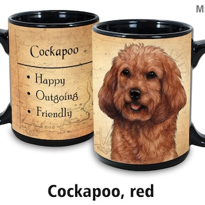 May include: Black coffee mug with a red Cockapoo dog illustration and the text "Cockapoo" and "Happy, Outgoing, Friendly".