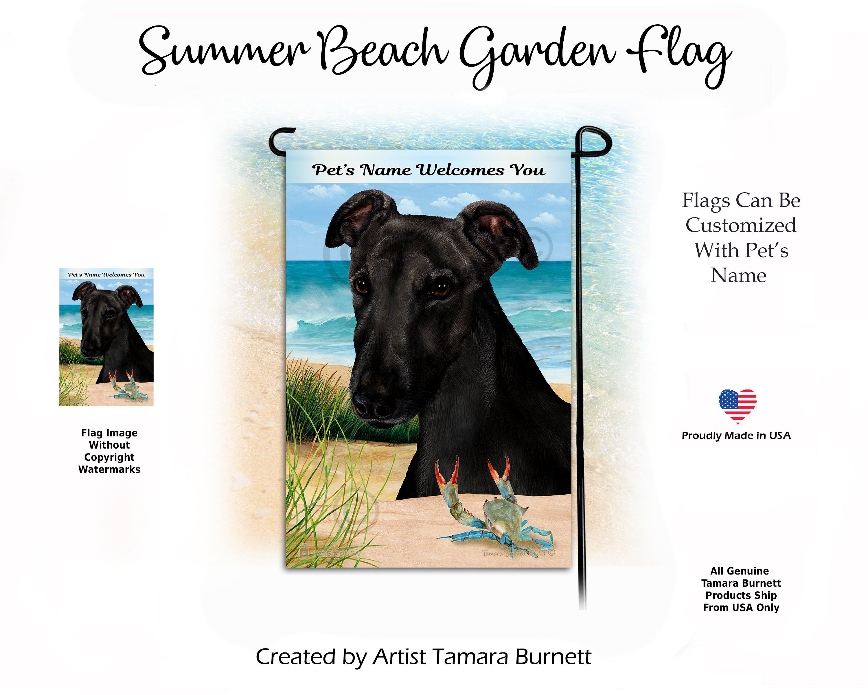 Greyhound Black Summer Beach Scene Garden Flag
