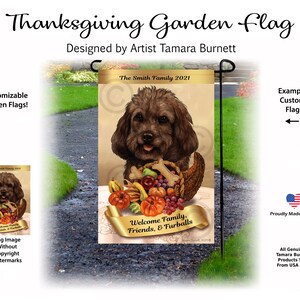 May include: Thanksgiving garden flag with a brown dog and a harvest basket. The flag reads "The Smith Family 2021" and "Welcome Family, Friends, & Furballs." Designed by Artist Tamara Burnett. Made in the USA.
