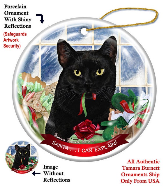 Holiday Pet Gift Black Shorthair Cat Santa Hat Porcelain Christmas Tree Ornament