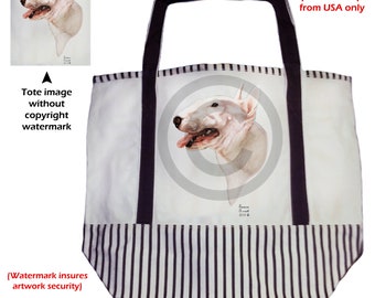 Dog Tote Bag - Bull Terrier White Tote Size is 20" x 15" x 7" (When Filled)Canvas Bag With Brown Straps and Stripes