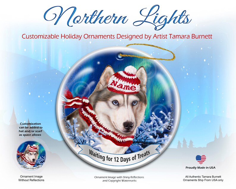 Siberian Husky Grey & White Blue Eyes Northern Lights Christmas