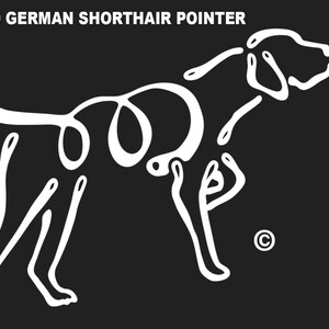Könnte beinhalten: Eine weiße Linienzeichnung eines Deutsch Kurzhaar Hundes auf schwarzem Hintergrund. Der Hund steht mit dem Kopf nach rechts gedreht. Der Text "KL110 GERMAN SHORTHAIR POINTER" befindet sich oben im Bild.