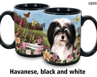Havanese Black and White Garden Party 15 Oz Black Coffee Cup Mug, Dog and Cat Pet Gift, For Extreme Animal Lovers!