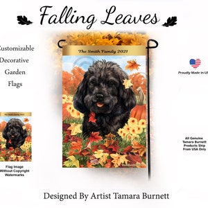May include: A garden flag with a black dog surrounded by autumn leaves and pumpkins. The flag displays the text "Falling Leaves" and "The Smith Family 2021". Made in the USA.