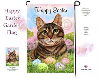 Katze (Braun Kurzhaar Tabby) - Happy Easter Gartenfahne