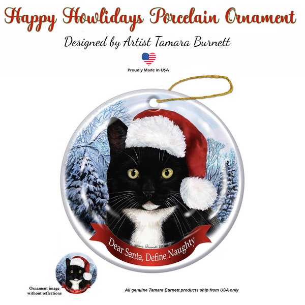 Cat Black Tuxedo - Santa Hat Porcelain Christmas Ornament (select Options to personalize)