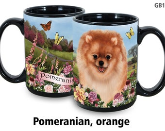 Pomeranian Orange Garden Party 15 Oz Black Coffee Cup Mug, Dog and Cat Pet Gift, For Extreme Animal Lovers!