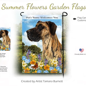 May include: A garden flag featuring a Great Dane dog portrait with the text "Pet's Name Welcomes You." The flag has a floral border with butterflies and is set against a blue sky. The flag is proudly made in the USA.