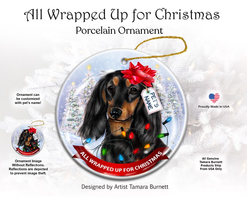 Dachshund Long Hair Black & Tan All Wrapped up for Christmas Ornament