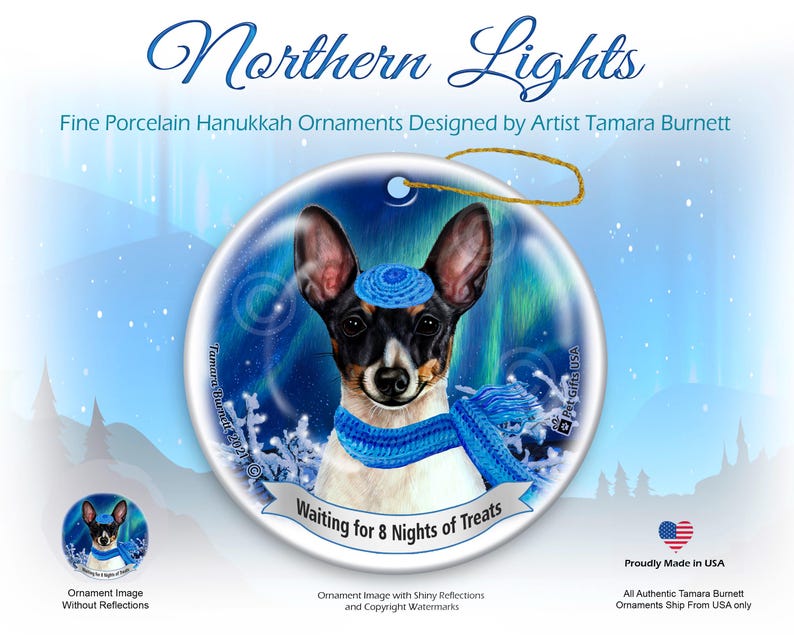 Toy Fox Terrier Northern Lights Hanukkah Ornament, Personalized Toy Fox ...