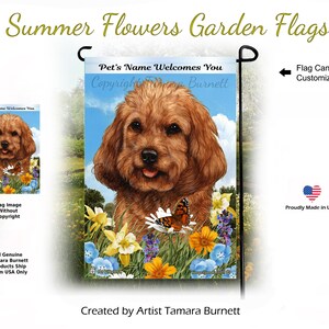 May include: A rectangular garden flag featuring a brown curly-haired dog portrait centered above a field of colorful flowers and a butterfly. The text Pet's Name Welcomes You is printed at the top. The flag is mounted on a black metal stand.