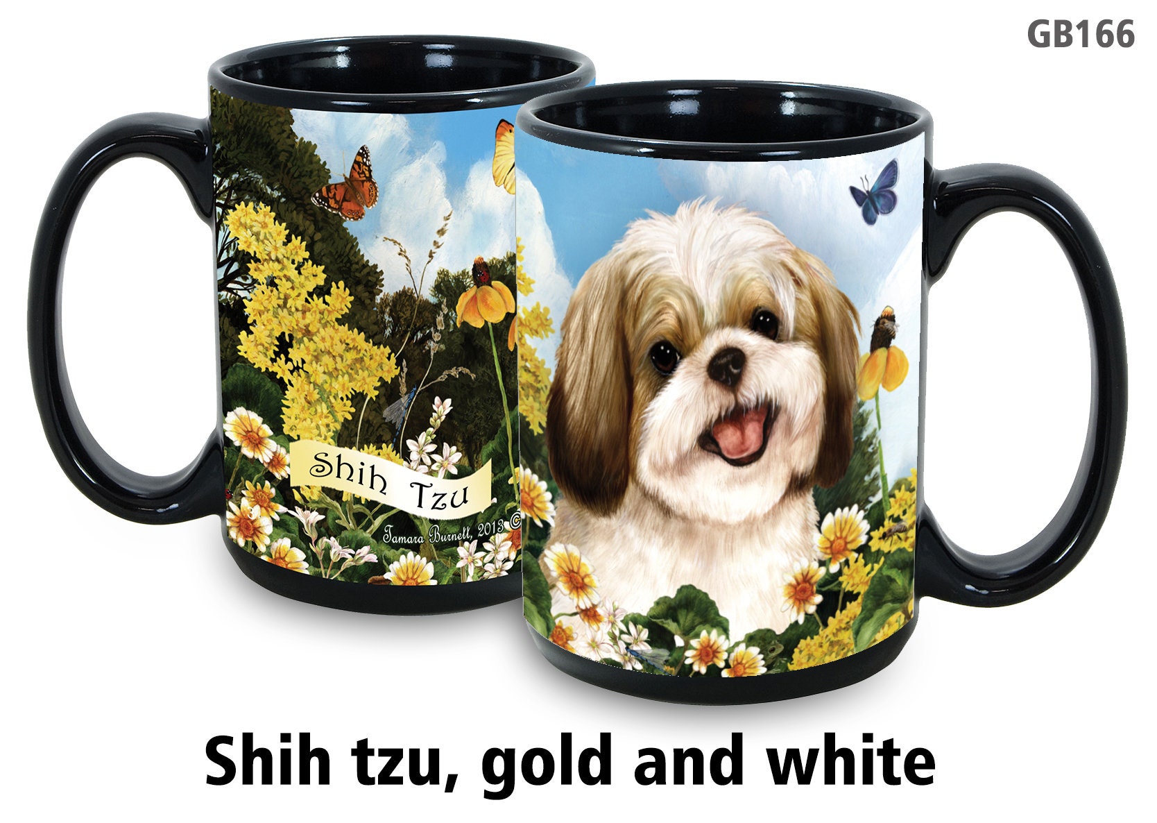 Shih Tzu Gold & White Garden Party 15 Oz Black Coffee Cup Mug, Dog and Cat Pet Gift, For Extreme Animal Lovers!