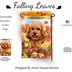 May include: A customizable garden flag featuring a golden-brown dog surrounded by autumn leaves and pumpkins. The flag has the text "Falling Leaves" and "The Smith Family 2021". Designed by Artist Tamara Burnett. Proudly Made in USA.