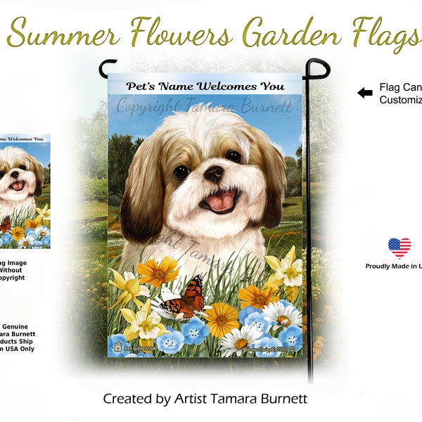 Shih Tzu Gold & White Summer Flowers ( Can personalize with Pets Name ) Garden Flag