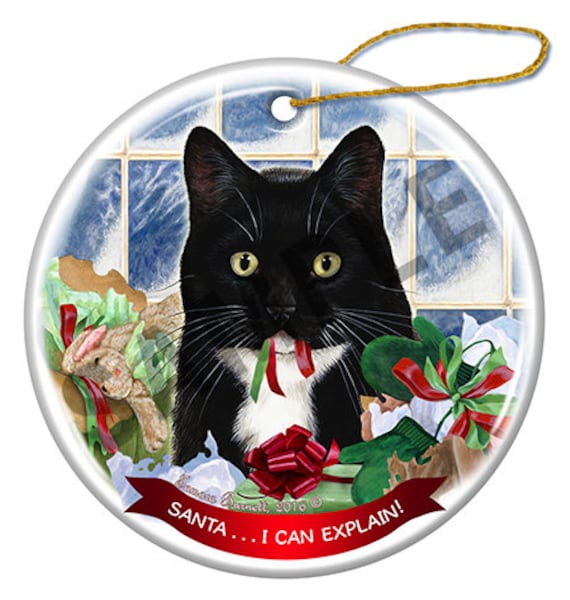Holiday Pet Gift Black Shorthair Cat Santa Hat Porcelain Christmas Tree Ornament