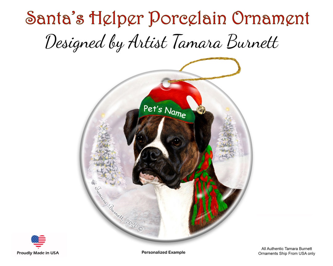 Boxer Brindle and White Drop Ears Santa’s Helper Christmas Ornament
