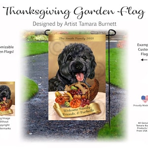 May include: Thanksgiving garden flag with a black dog and a cornucopia of autumn produce. The flag displays "The Smith Family 2021" and "Welcome Family, Friends, & Furballs." Designed by Artist Tamara Burnett. Made in the USA.