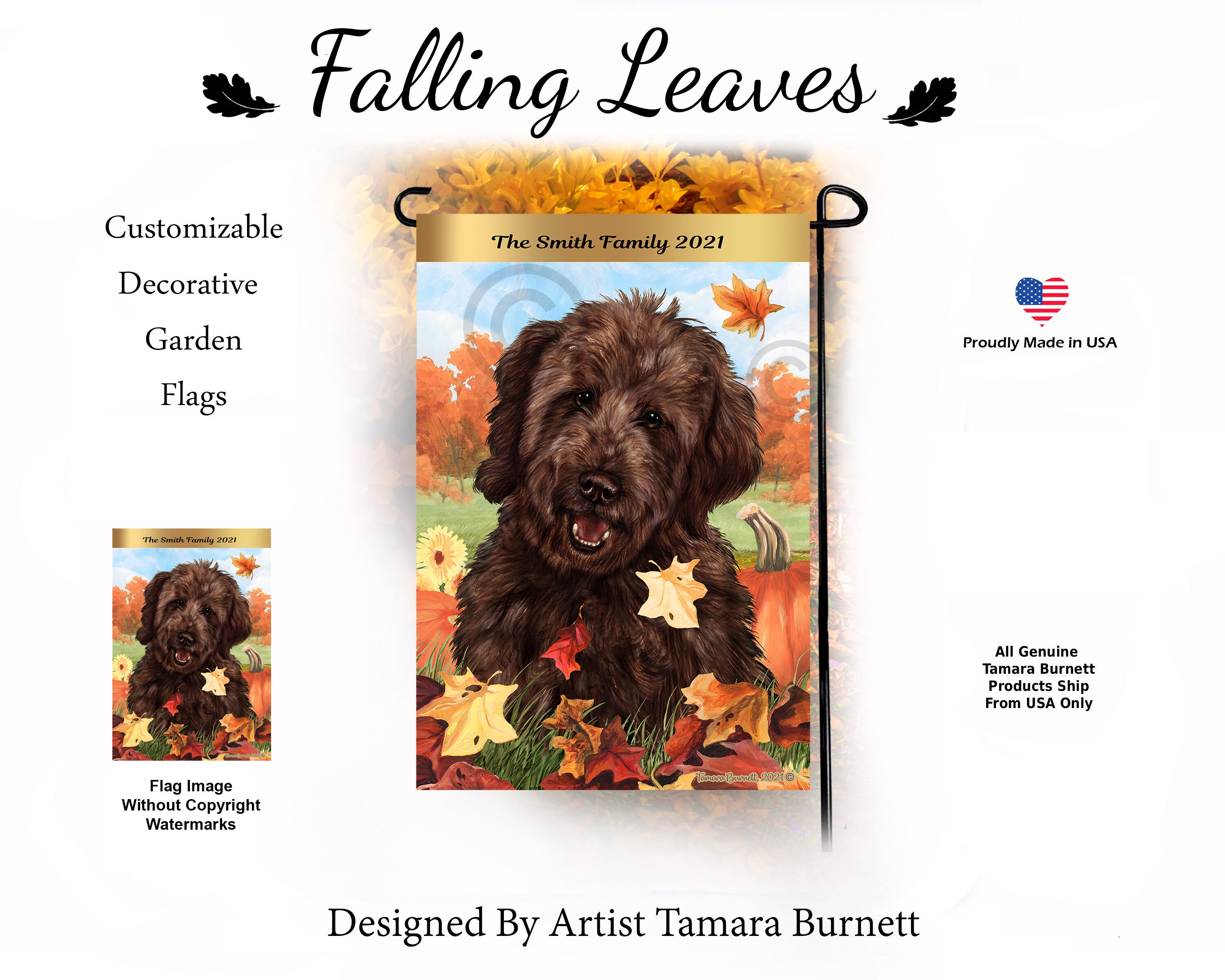 ゴールデンドゥードルチョコレート（ペットまたは家族の名前を刻印できます）ガーデンフラッグ - Etsy 日本, image size:3000x2400