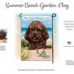 May include: A rectangular garden flag featuring a brown curly-haired dog on a sandy beach with a blue crab in the foreground. The text Pet's Name Welcomes You is printed at the top. The background shows a blue ocean and sky with green beach grass.