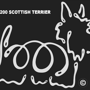 Puede incluir: Un dibujo de línea blanca de un perro terrier escocés sobre un fondo negro. El dibujo está estilizado y simplificado, con las características del perro representadas por líneas y curvas simples. El texto "KL200 SCOTTISH TERRIER" aparece sobre el perro.
