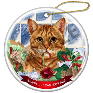May include: Round Christmas ornament featuring a tabby cat with green and red ribbon in its mouth. The cat is surrounded by Christmas decorations and the text "Santa... I CAN EXPLAIN!" is on a red banner.