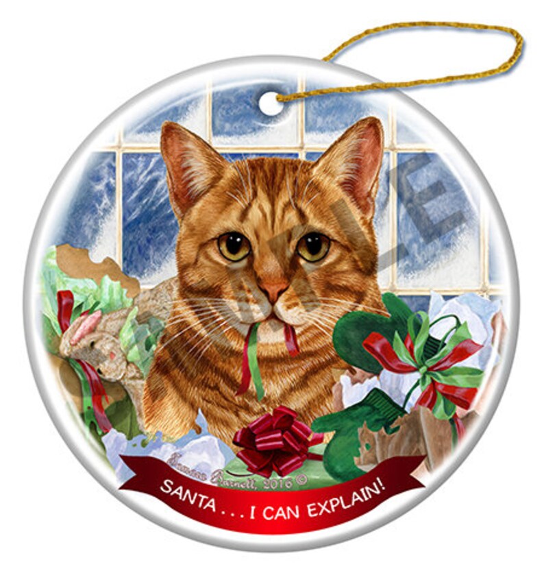 May include: Round Christmas ornament featuring a tabby cat with green and red ribbon in its mouth. The cat is surrounded by Christmas decorations and the text "Santa... I CAN EXPLAIN!" is on a red banner.