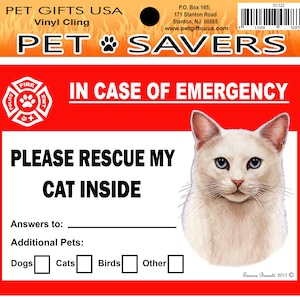 May include: Red and white vinyl cling sticker with a white cat illustration and the text "IN CASE OF EMERGENCY PLEASE RESCUE MY CAT INSIDE". The sticker also includes a fire department symbol and a checklist for additional pets: dogs, cats, birds, and other.