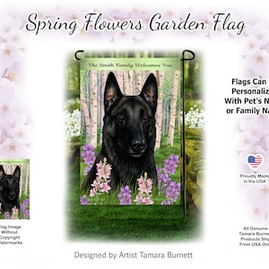 May include: A garden flag with a black dog design, set against a forest backdrop with spring flowers. The flag displays the text "The Smith Family Welcomes You". Designed by Artist Tamara Burnett, it's proudly made in the USA.