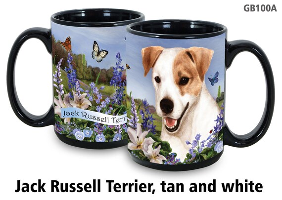 Jack Russell Terrier Tan and White Garden Party 15 Oz Black Coffee Cup Mug Dog and Cat Pet Gift For Extreme Animal Lovers