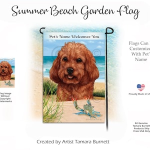 May include: A rectangular garden flag featuring a brown curly-haired dog on a sandy beach with a blue ocean background. A blue crab is in the foreground near green beach grass. The text Pet's Name Welcomes You is printed at the top of the flag.