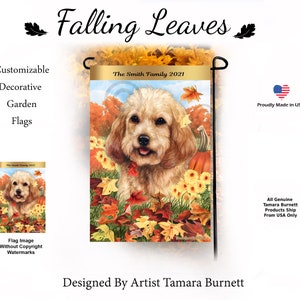 May include: A garden flag with a dog portrait surrounded by autumn leaves and flowers. The flag displays the text "The Smith Family 2021" and "Falling Leaves". Designed by artist Tamara Burnett, it is proudly made in the USA.