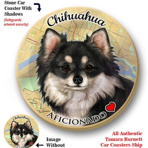 May include: A round, absorbent stone coaster featuring a black and white Chihuahua dog with a red heart. The coaster has a tan background with a map-like design and the word "AFICIONADO" printed on it. The text "Chihuahua" is printed in a decorative font at the top of the coaster.