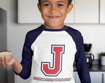 Jackson State Tigers Tri-Color J YOUTH Baseball Fine Jersey Three-Quarter Length Tri-Color Raglan Sleeve Tee (White/Navy/Red)